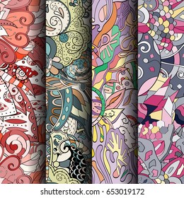 Set of tracery colorful seamless patterns. Vertical stripes. Curved doodling backgrounds for textile or printing with mehndi and ethnic motives. Vector