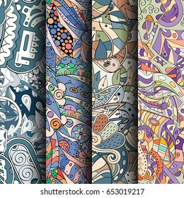 Set of tracery colorful seamless patterns. Vertical stripes. Curved doodling backgrounds for textile or printing with mehndi and ethnic motives. Vector