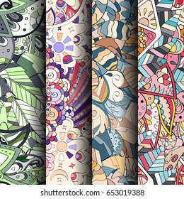 Set of tracery colorful seamless patterns. Vertical stripes. Curved doodling backgrounds for textile or printing with mehndi and ethnic motives. Vector
