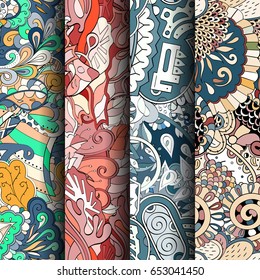 Set of tracery colorful seamless patterns. Vertical stripes. Curved doodling backgrounds for textile or printing with mehndi and ethnic motives. Vector