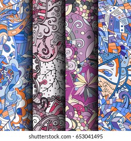 Set of tracery colorful seamless patterns. Vertical stripes. Curved doodling backgrounds for textile or printing with mehndi and ethnic motives. Vector