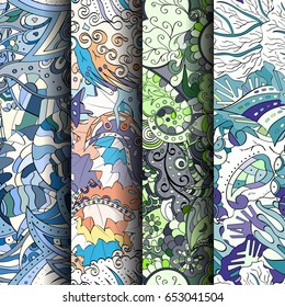 Set of tracery colorful seamless patterns. Vertical stripes. Curved doodling backgrounds for textile or printing with mehndi and ethnic motives. Vector