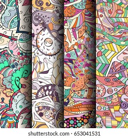 Set of tracery colorful seamless patterns. Vertical stripes. Curved doodling backgrounds for textile or printing with mehndi and ethnic motives. Vector