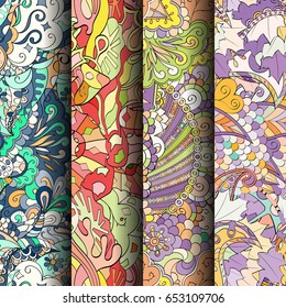 Set of tracery colorful seamless patterns. Vertical stripes. Curved doodling backgrounds for textile or printing with mehndi and ethnic motives. Vector