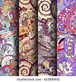 Set of tracery colorful seamless patterns. Vertical stripes. Curved doodling backgrounds for textile or printing with mehndi and ethnic motives. Vector