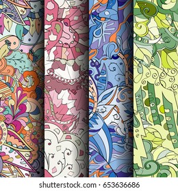 Set of tracery colorful seamless patterns. Vertical stripes. Curved doodling backgrounds for textile or printing with mehndi and ethnic motives. Vector