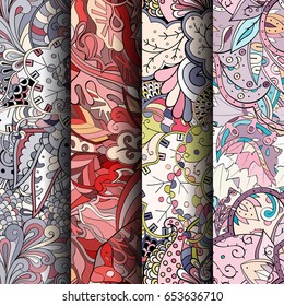 Set of tracery colorful seamless patterns. Vertical stripes. Curved doodling backgrounds for textile or printing with mehndi and ethnic motives. Vector