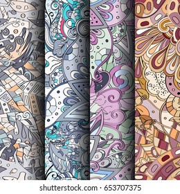 Set of tracery colorful seamless patterns. Vertical stripes. Curved doodling backgrounds for textile or printing with mehndi and ethnic motives. Vector