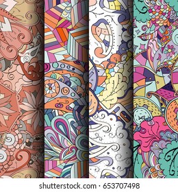 Set of tracery colorful seamless patterns. Vertical stripes. Curved doodling backgrounds for textile or printing with mehndi and ethnic motives. Vector
