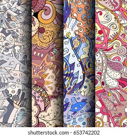 Set of tracery colorful seamless patterns. Vertical stripes. Curved doodling backgrounds for textile or printing with mehndi and ethnic motives. Vector