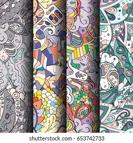 Set of tracery colorful seamless patterns. Vertical stripes. Curved doodling backgrounds for textile or printing with mehndi and ethnic motives. Vector