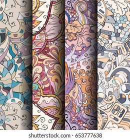 Set of tracery colorful seamless patterns. Vertical stripes. Curved doodling backgrounds for textile or printing with mehndi and ethnic motives. Vector
