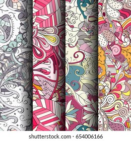 Set of tracery colorful seamless patterns. Vertical stripes. Curved doodling backgrounds for textile or printing with mehndi and ethnic motives. Vector