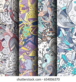 Set of tracery colorful seamless patterns. Vertical stripes. Curved doodling backgrounds for textile or printing with mehndi and ethnic motives. Vector