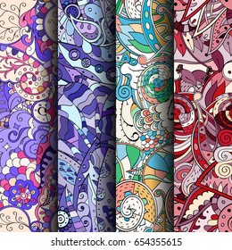 Set of tracery colorful seamless patterns. Vertical stripes. Curved doodling backgrounds for textile or printing with mehndi and ethnic motives. Vector