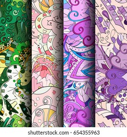 Set of tracery colorful seamless patterns. Vertical stripes. Curved doodling backgrounds for textile or printing with mehndi and ethnic motives. Vector