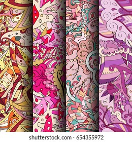 Set of tracery colorful seamless patterns. Vertical stripes. Curved doodling backgrounds for textile or printing with mehndi and ethnic motives. Vector