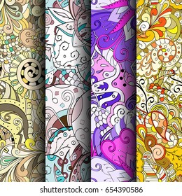 Set of tracery colorful seamless patterns. Vertical stripes. Curved doodling backgrounds for textile or printing with mehndi and ethnic motives. Vector