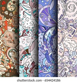 Set of tracery colorful seamless patterns. Vertical stripes. Curved doodling backgrounds for textile or printing with mehndi and ethnic motives. Vector