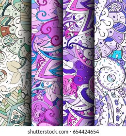 Set of tracery colorful seamless patterns. Vertical stripes. Curved doodling backgrounds for textile or printing with mehndi and ethnic motives. Vector