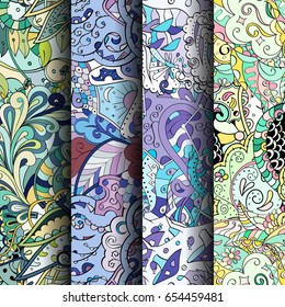 Set of tracery colorful seamless patterns. Vertical stripes. Curved doodling backgrounds for textile or printing with mehndi and ethnic motives. Vector