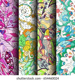 Set of tracery colorful seamless patterns. Vertical stripes. Curved doodling backgrounds for textile or printing with mehndi and ethnic motives. Vector
