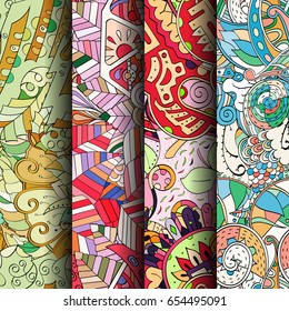 Set of tracery colorful seamless patterns. Vertical stripes. Curved doodling backgrounds for textile or printing with mehndi and ethnic motives. Vector