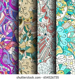 Set of tracery colorful seamless patterns. Vertical stripes. Curved doodling backgrounds for textile or printing with mehndi and ethnic motives. Vector