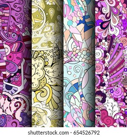 Set of tracery colorful seamless patterns. Vertical stripes. Curved doodling backgrounds for textile or printing with mehndi and ethnic motives. Vector