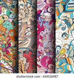 Set of tracery colorful seamless patterns. Vertical stripes. Curved doodling backgrounds for textile or printing with mehndi and ethnic motives. Vector