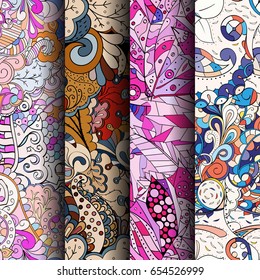 Set of tracery colorful seamless patterns. Vertical stripes. Curved doodling backgrounds for textile or printing with mehndi and ethnic motives. Vector