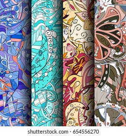 Set of tracery colorful seamless patterns. Vertical stripes. Curved doodling backgrounds for textile or printing with mehndi and ethnic motives. Vector