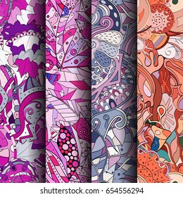 Set of tracery colorful seamless patterns. Vertical stripes. Curved doodling backgrounds for textile or printing with mehndi and ethnic motives. Vector