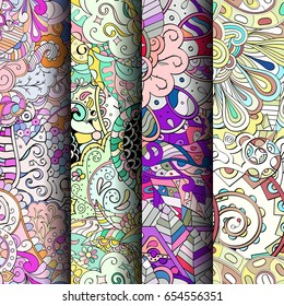 Set of tracery colorful seamless patterns. Vertical stripes. Curved doodling backgrounds for textile or printing with mehndi and ethnic motives. Vector