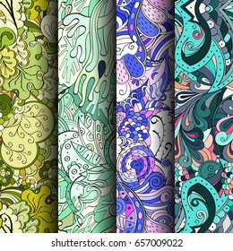 Set of tracery colorful seamless patterns. Vertical stripes. Curved doodling backgrounds for textile or printing with mehndi and ethnic motives. Vector