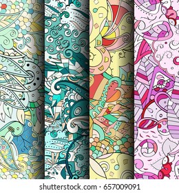 Set of tracery colorful seamless patterns. Vertical stripes. Curved doodling backgrounds for textile or printing with mehndi and ethnic motives. Vector