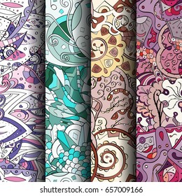 Set of tracery colorful seamless patterns. Vertical stripes. Curved doodling backgrounds for textile or printing with mehndi and ethnic motives. Vector