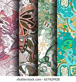 Set of tracery colorful seamless patterns. Vertical stripes. Curved doodling backgrounds for textile or printing with mehndi and ethnic motives. Vector
