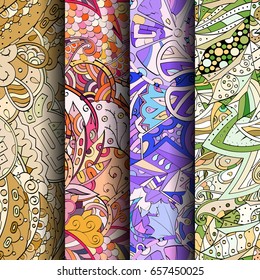 Set of tracery colorful seamless patterns. Vertical stripes. Curved doodling backgrounds for textile or printing with mehndi and ethnic motives. Vector