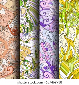Set of tracery colorful seamless patterns. Vertical stripes. Curved doodling backgrounds for textile or printing with mehndi and ethnic motives. Vector