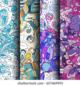 Set of tracery colorful seamless patterns. Vertical stripes. Curved doodling backgrounds for textile or printing with mehndi and ethnic motives. Vector