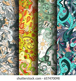 Set of tracery colorful seamless patterns. Vertical stripes. Curved doodling backgrounds for textile or printing with mehndi and ethnic motives. Vector