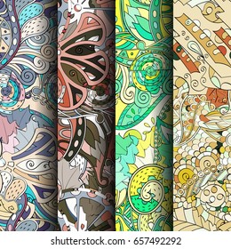 Set of tracery colorful seamless patterns. Vertical stripes. Curved doodling backgrounds for textile or printing with mehndi and ethnic motives. Vector
