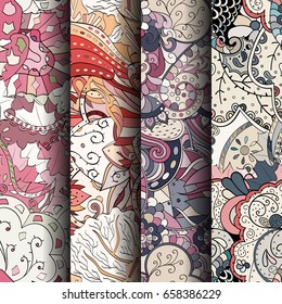Set of tracery colorful seamless patterns. Vertical stripes. Curved doodling backgrounds for textile or printing with mehndi and ethnic motives. Vector