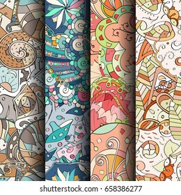 Set of tracery colorful seamless patterns. Vertical stripes. Curved doodling backgrounds for textile or printing with mehndi and ethnic motives. Vector