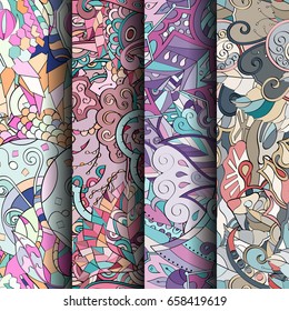 Set of tracery colorful seamless patterns. Vertical stripes. Curved doodling backgrounds for textile or printing with mehndi and ethnic motives. Vector