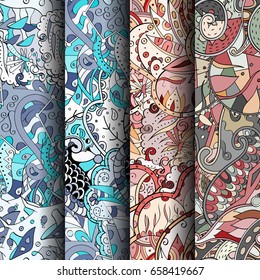 Set of tracery colorful seamless patterns. Vertical stripes. Curved doodling backgrounds for textile or printing with mehndi and ethnic motives. Vector