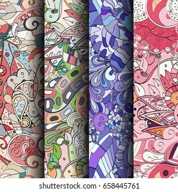 Set of tracery colorful seamless patterns. Vertical stripes. Curved doodling backgrounds for textile or printing with mehndi and ethnic motives. Vector