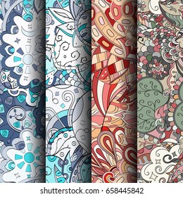 Set of tracery colorful seamless patterns. Vertical stripes. Curved doodling backgrounds for textile or printing with mehndi and ethnic motives. Vector