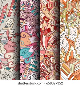 Set of tracery colorful seamless patterns. Vertical stripes. Curved doodling backgrounds for textile or printing with mehndi and ethnic motives. Vector